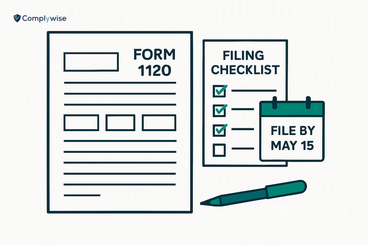 Illustration of pro-forma Form 1120 with a checklist and calendar showing filing deadline for foreign-owned LLCs.