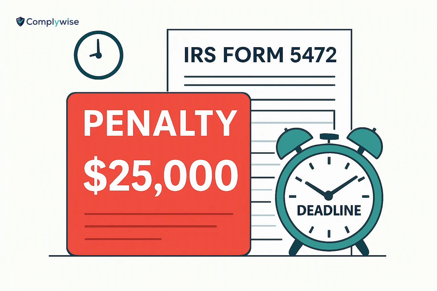 An illustration featuring a $25,000 penalty notice with IRS Form 5472 in the background, highlighting filing urgency.