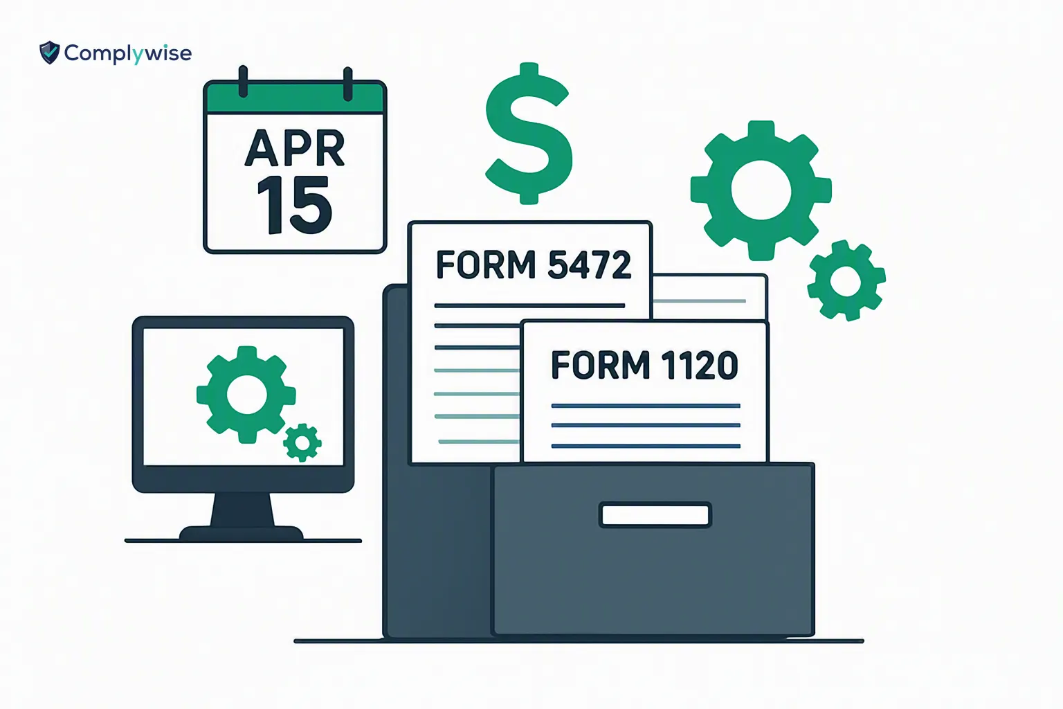 Illustration of IRS Form 5472 and pro-forma Form 1120 in a digital filing cabinet, with automation symbols and a calendar.