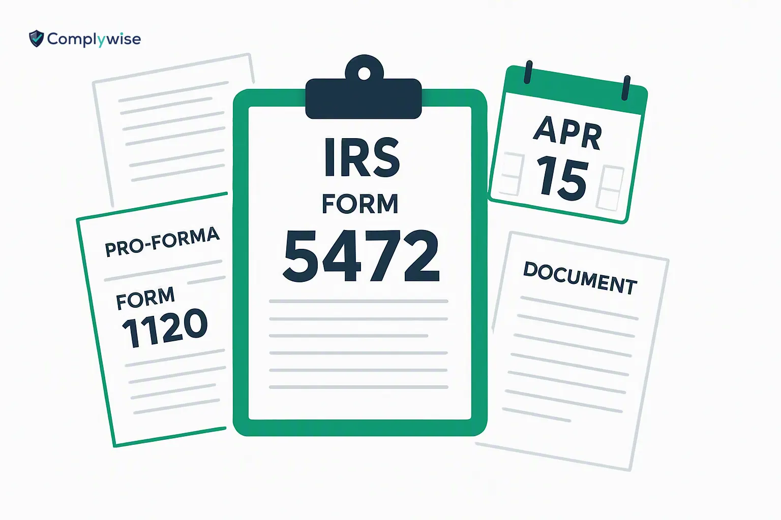 An IRS Form 5472 on a clipboard with compliance documents and an April 15 calendar date highlighted.