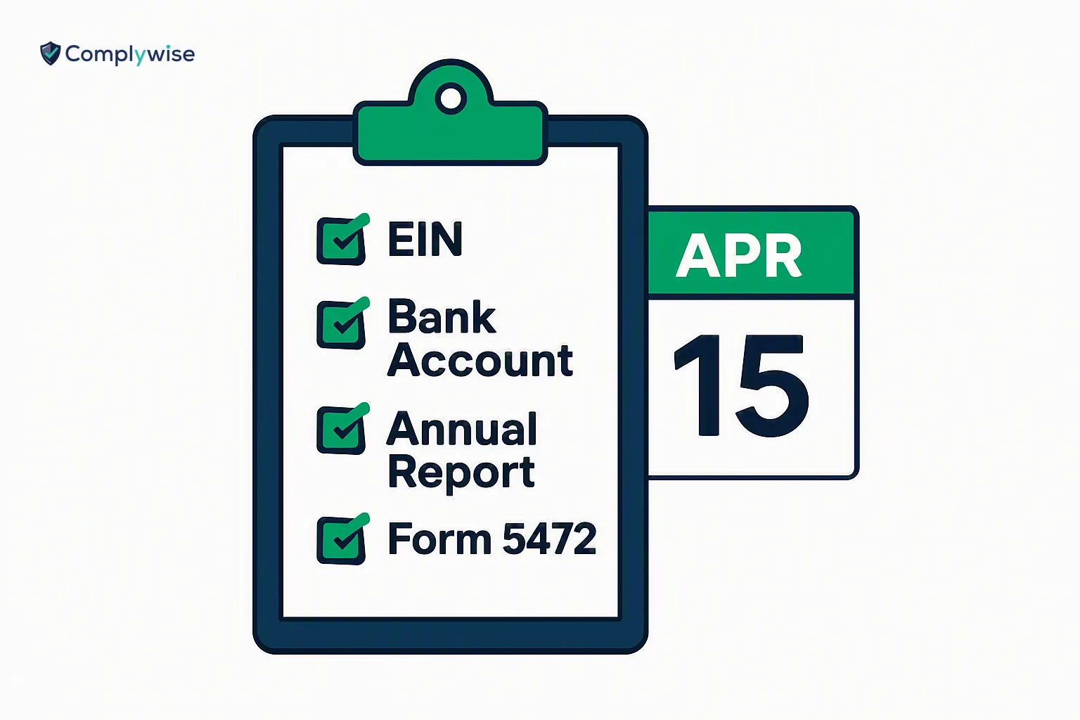 An illustration of a checklist with key items for new LLC owners, including Form 5472 and a calendar indicating the filing deadline.