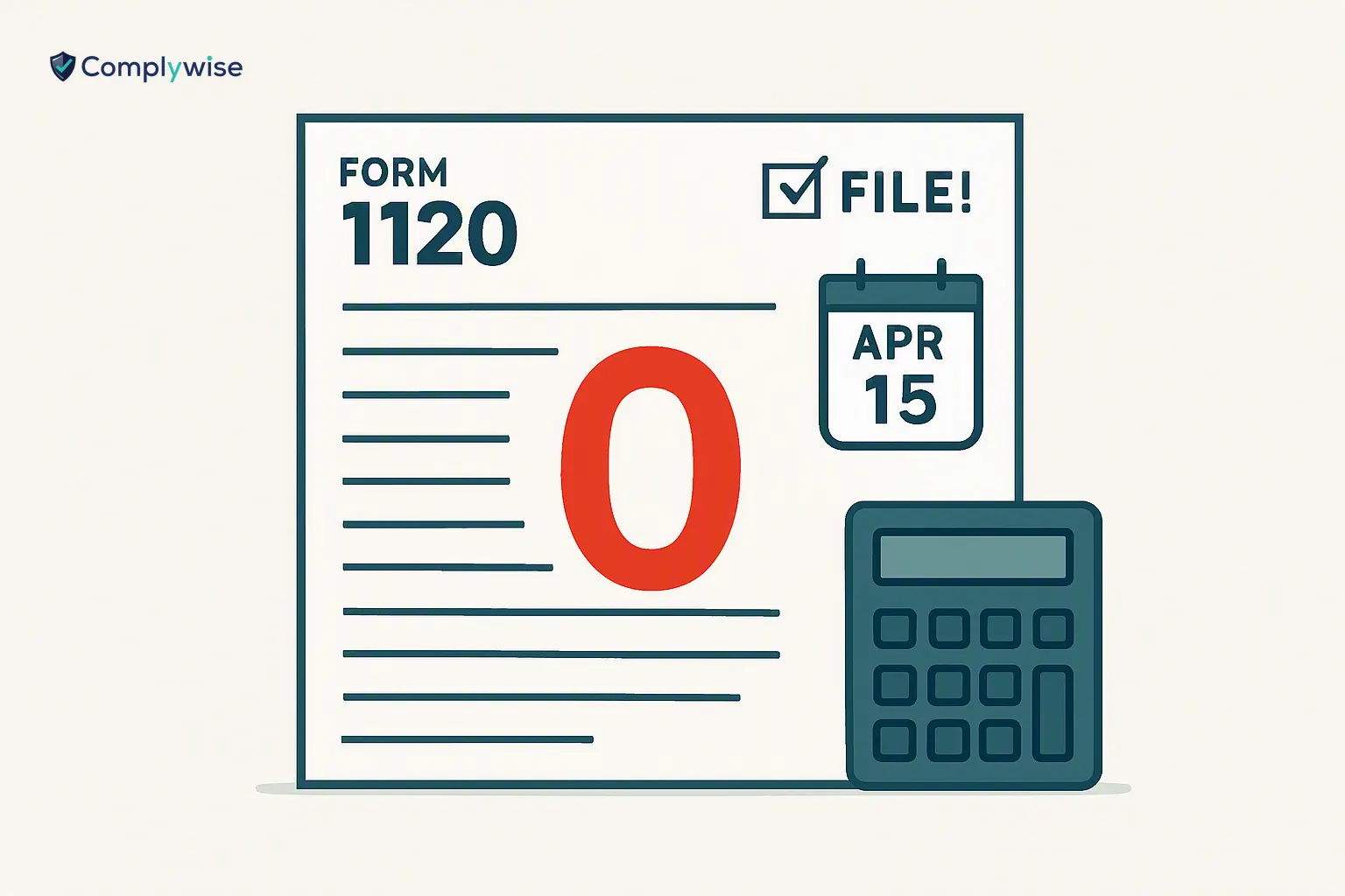 An illustration of IRS Form 1120 showing zero income and a checklist for filing by April 15.